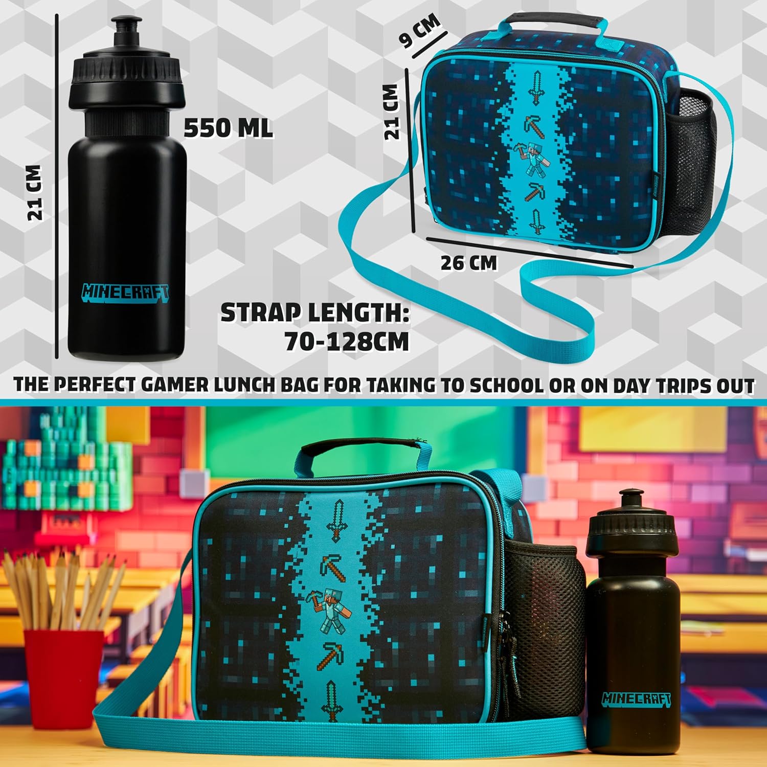 Lunch bag Minecraft Creeper bleu/noir avec gourde 550ml – Image 6