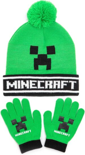 Minecraft Creeper, ensemble bonnet noir et gants tricotés enfant taille unique