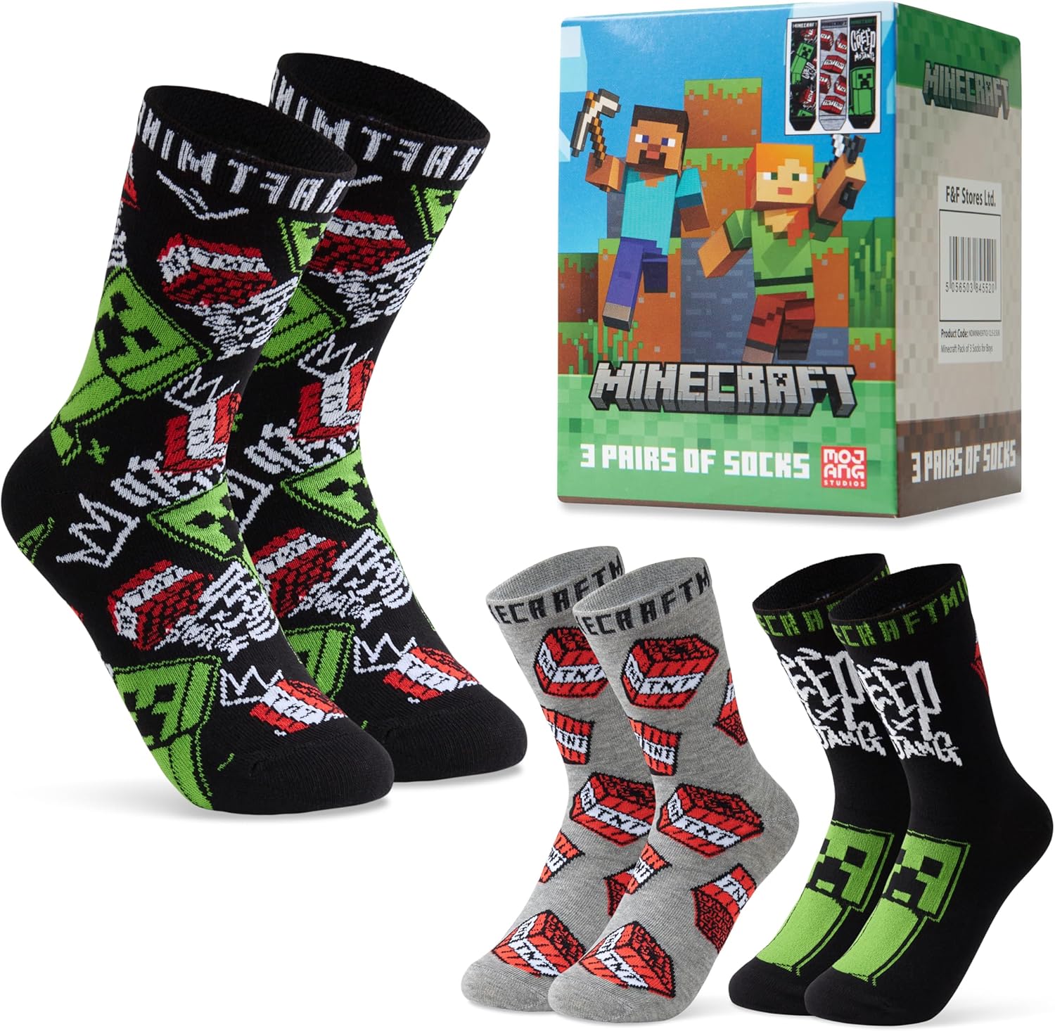 Chaussettes enfant Minecraft en coton, lot fantaisie tailles 31-36 et 37-40