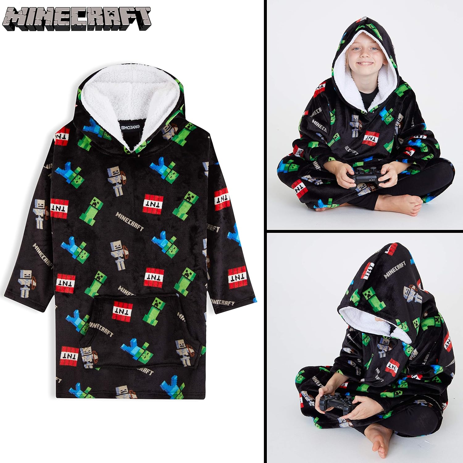 Poncho plaid à capuche Minecraft Creeper oversize noir, taille unique – Image 5
