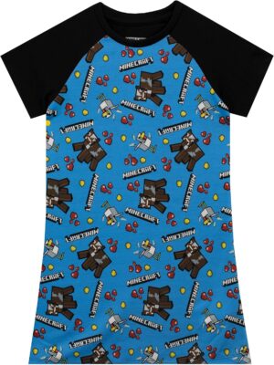 Chemise de nuit fille Minecraft bleue imprimé logo et animaux