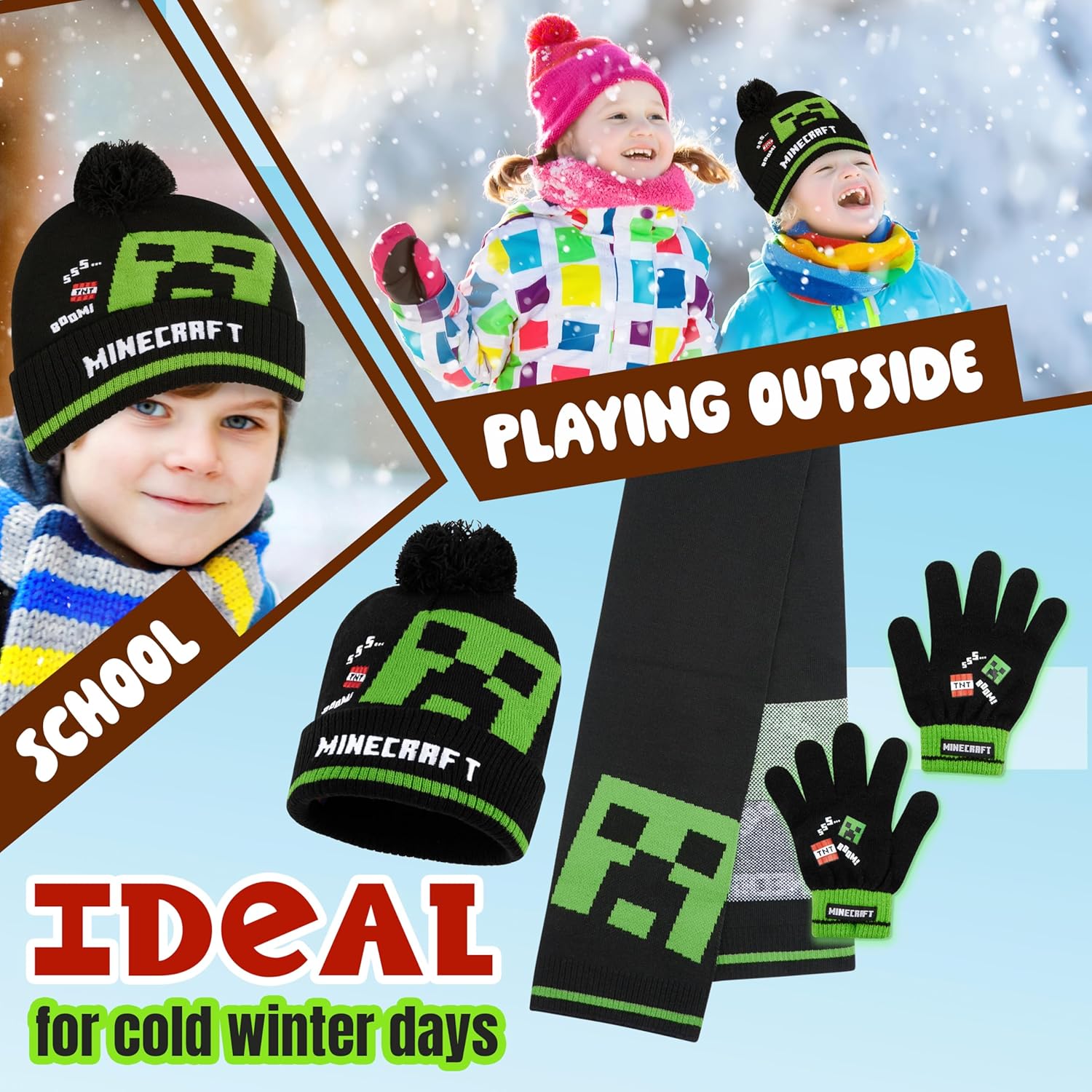 Ensemble hiver Minecraft enfant 3 pièces bonnet, écharpe et gants – Image 4