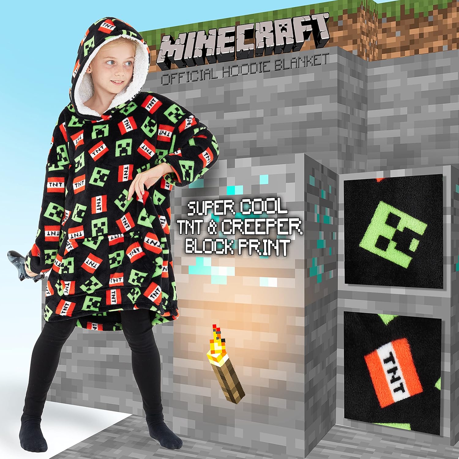 Sweat plaid à capuche Minecraft enfant en polaire, taille unique – Image 2