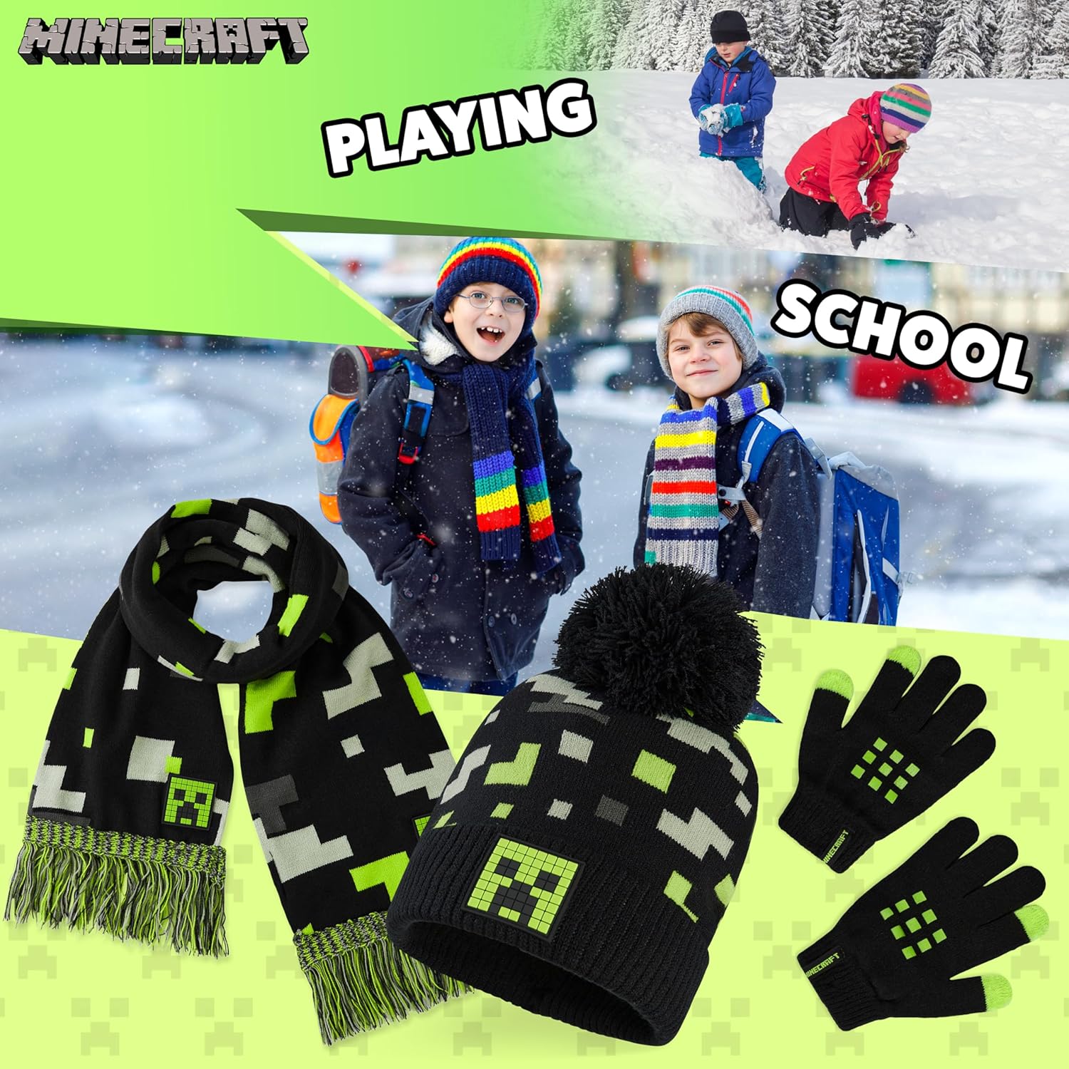 Minecraft set hiver enfant bonnet, gants et écharpe ou bob – Image 4