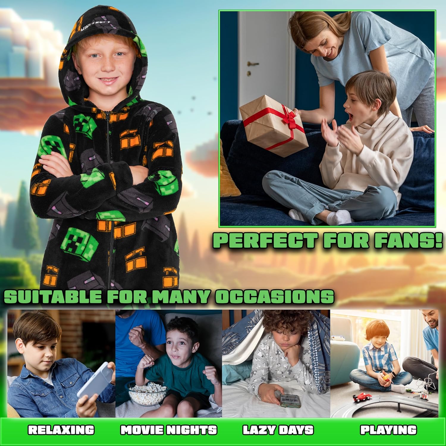 Combinaison pyjama à capuche Minecraft en polaire pour garçon ado – Image 3