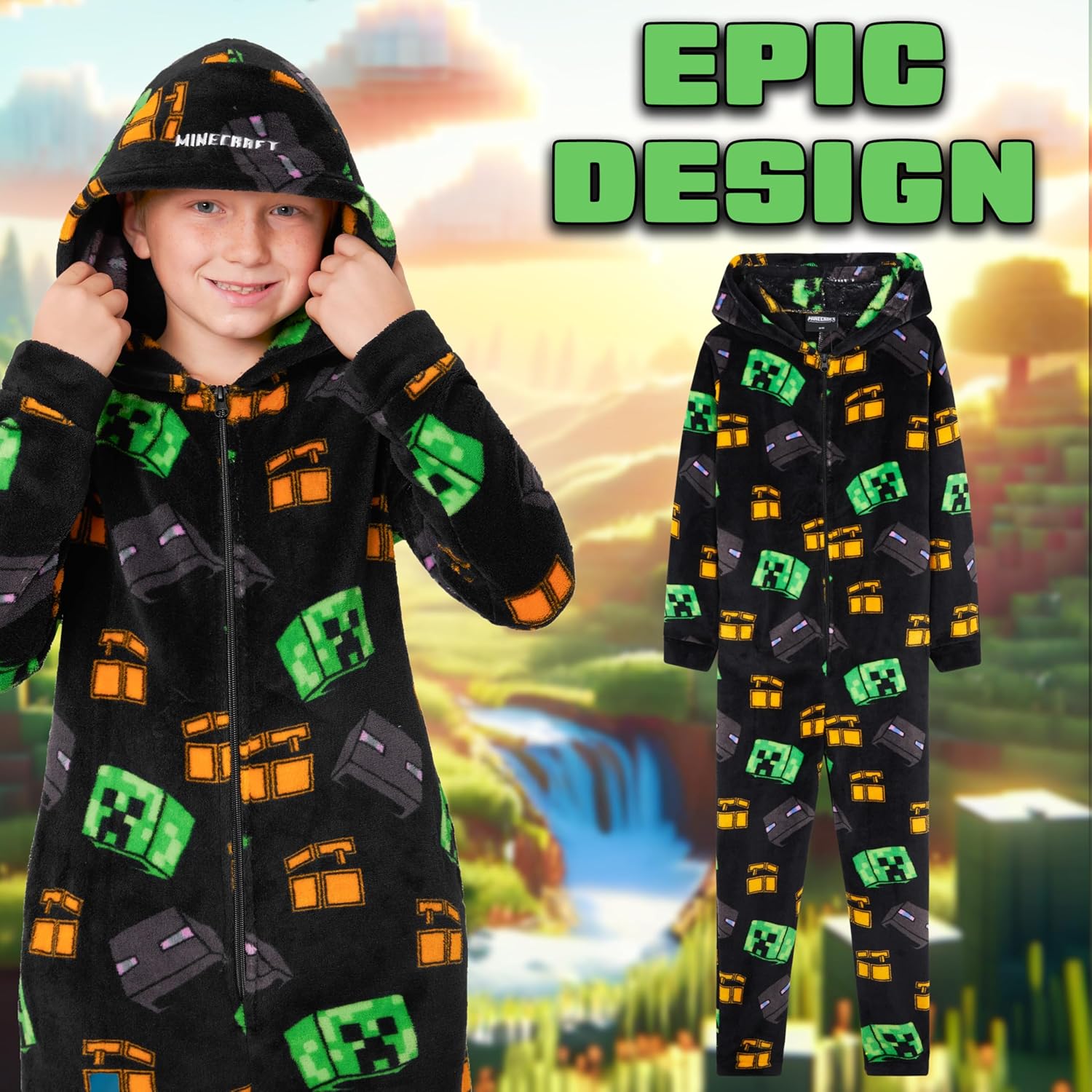 Combinaison pyjama à capuche Minecraft en polaire pour garçon ado – Image 2