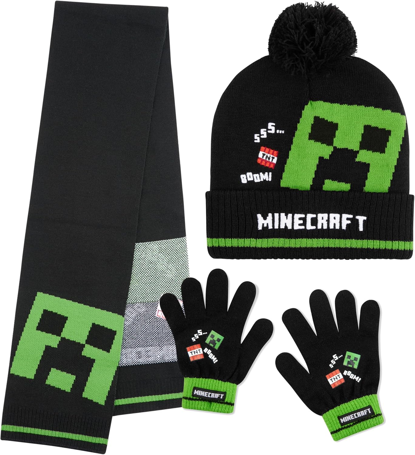 Ensemble hiver Minecraft enfant 3 pièces bonnet, écharpe et gants