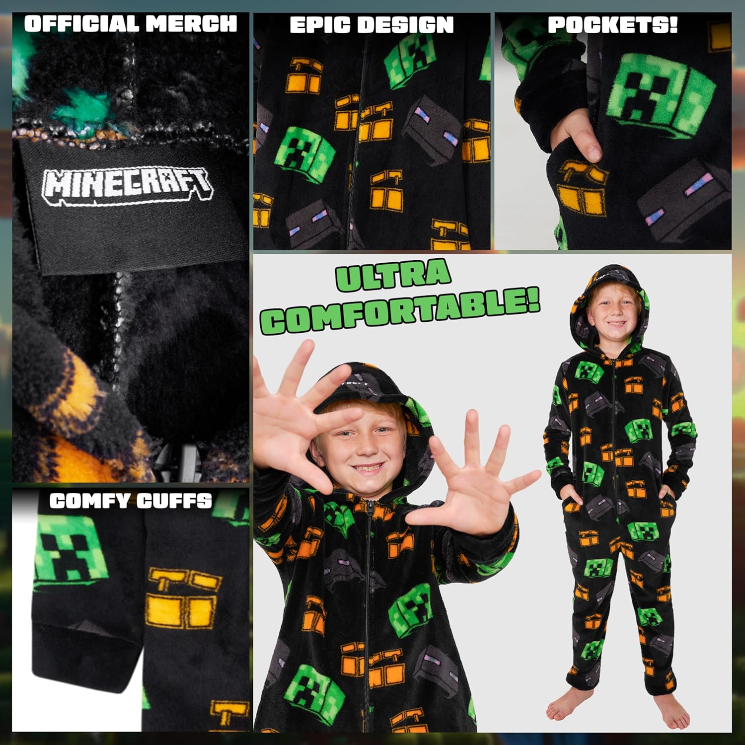 Combinaison pyjama à capuche Minecraft en polaire pour garçon ado – Image 4