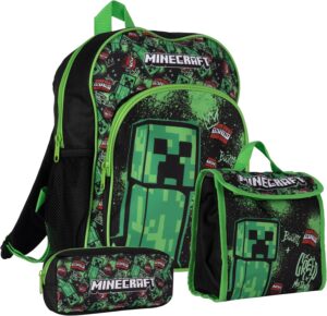 Set Minecraft TNT vert avec sac à dos, sac à déjeuner et trousse