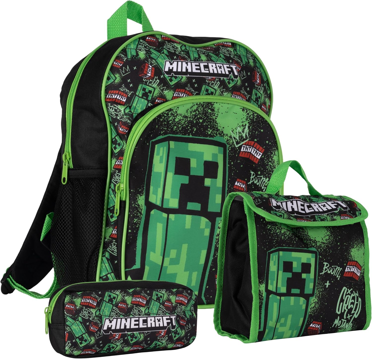 Set Minecraft TNT vert avec sac à dos, sac à déjeuner et trousse