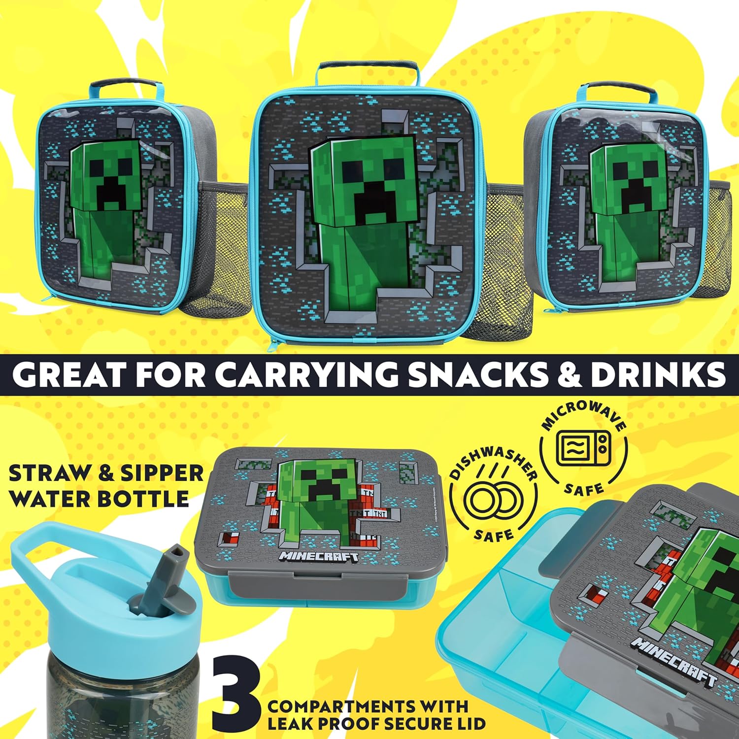 Kit déjeuner Minecraft multi avec lunch bag, bento 3 compartiments et gourde 750 ml – Image 2
