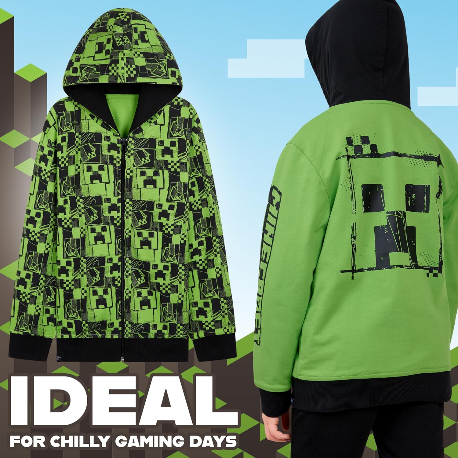 Hoodie zippé réversible Minecraft garçon à capuche 5-14 ans – Image 3