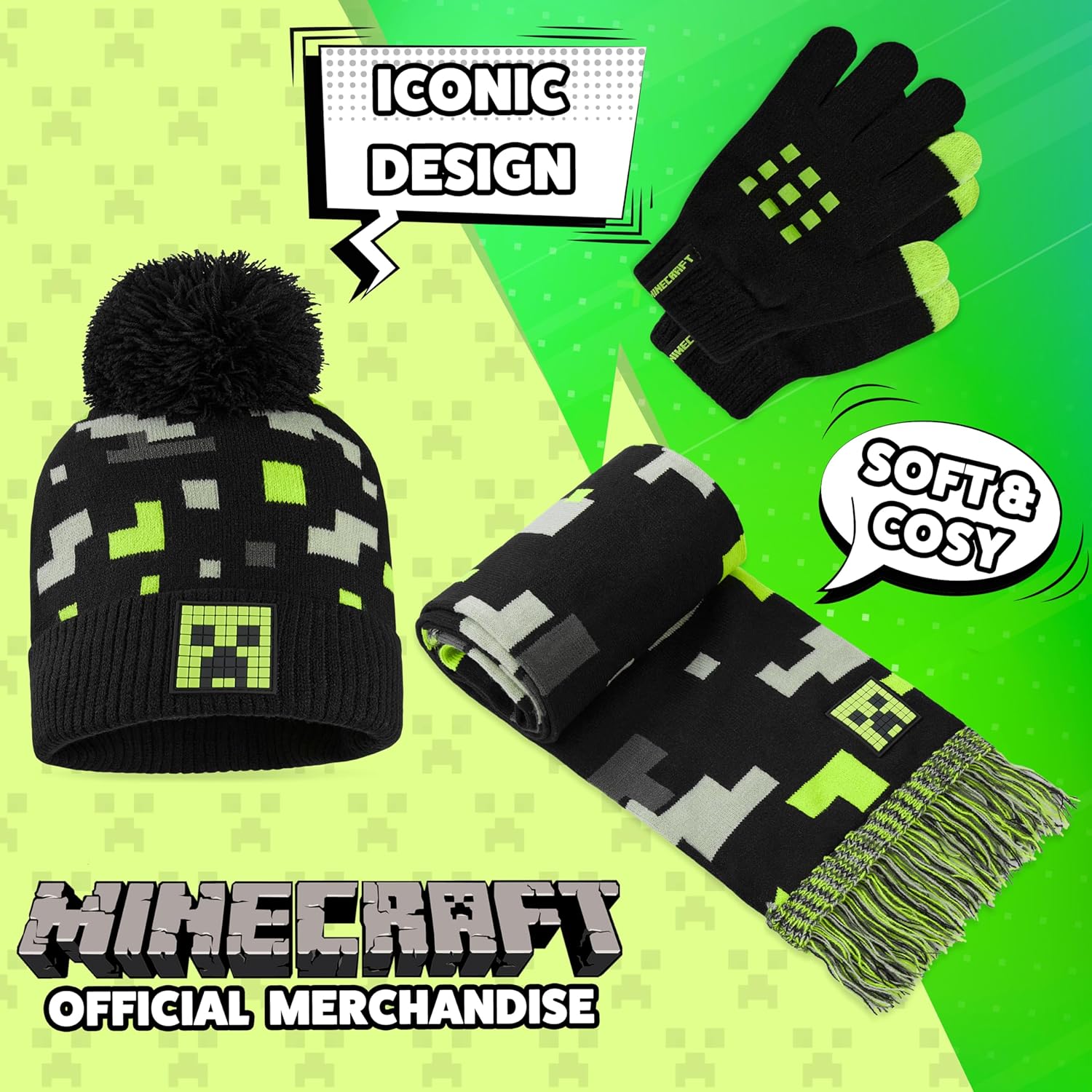 Minecraft set hiver enfant bonnet, gants et écharpe ou bob – Image 3
