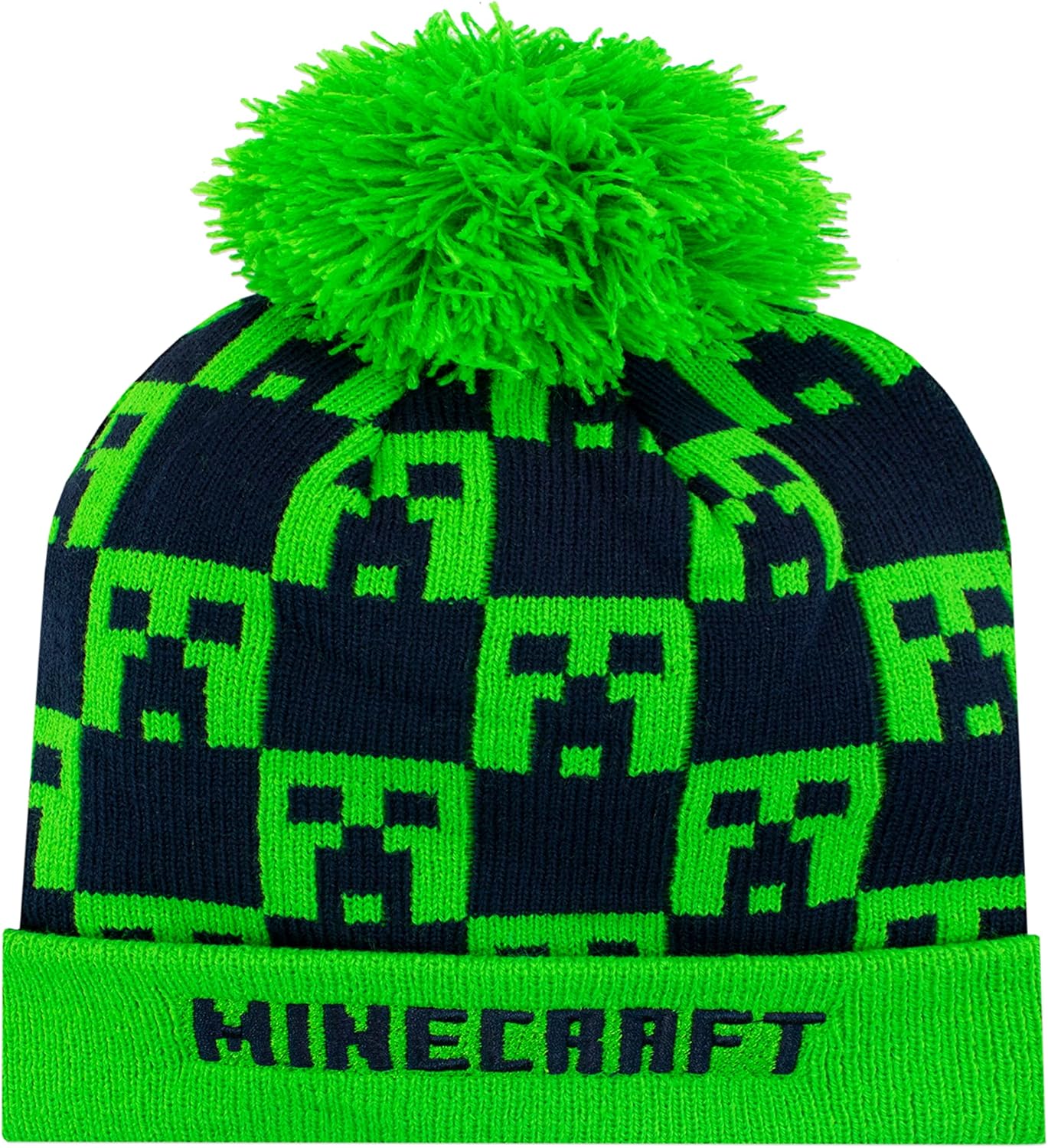 Bonnet Minecraft enfant Creeper vert et bleu marine taille unique
