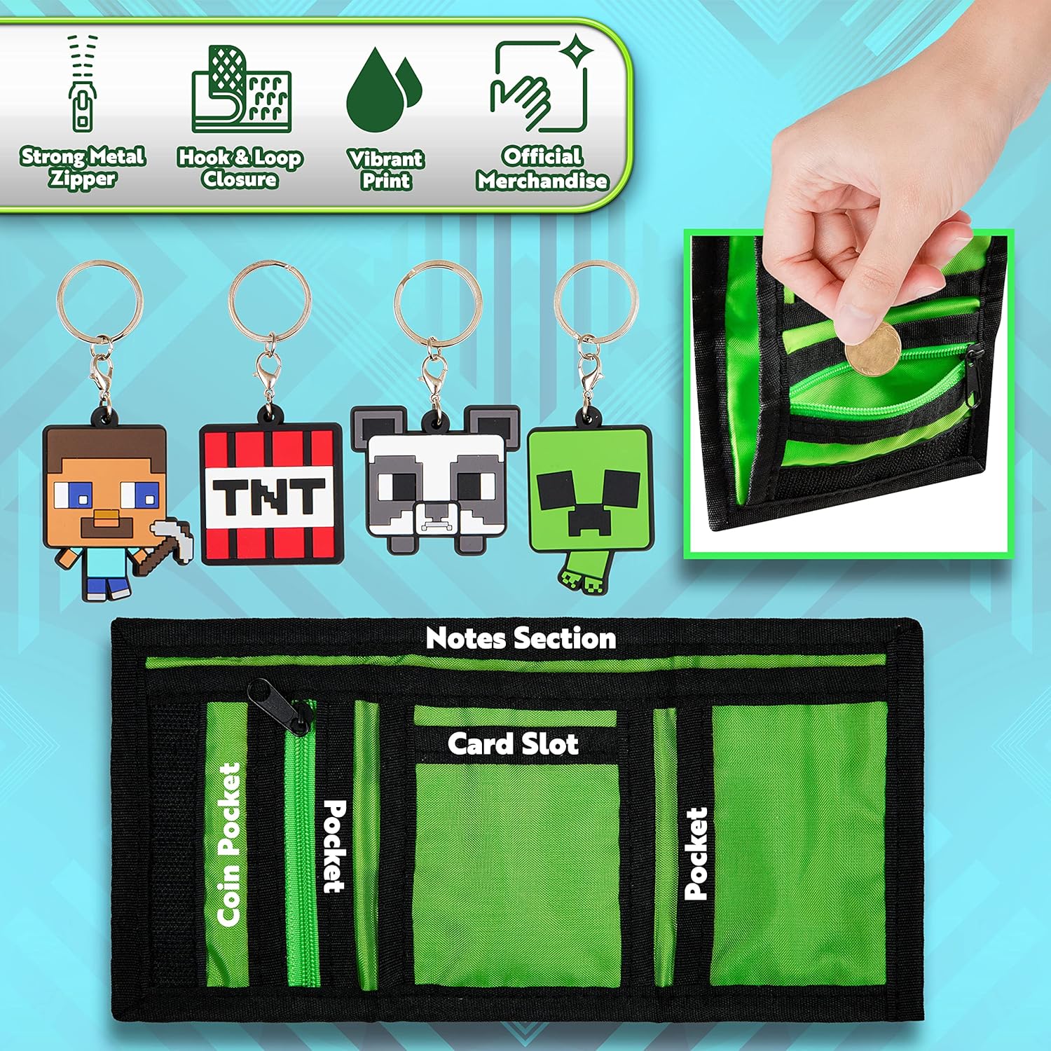 Portefeuille scratch Minecraft enfant avec 4 porte-clés Creeper Steve TNT – Image 4