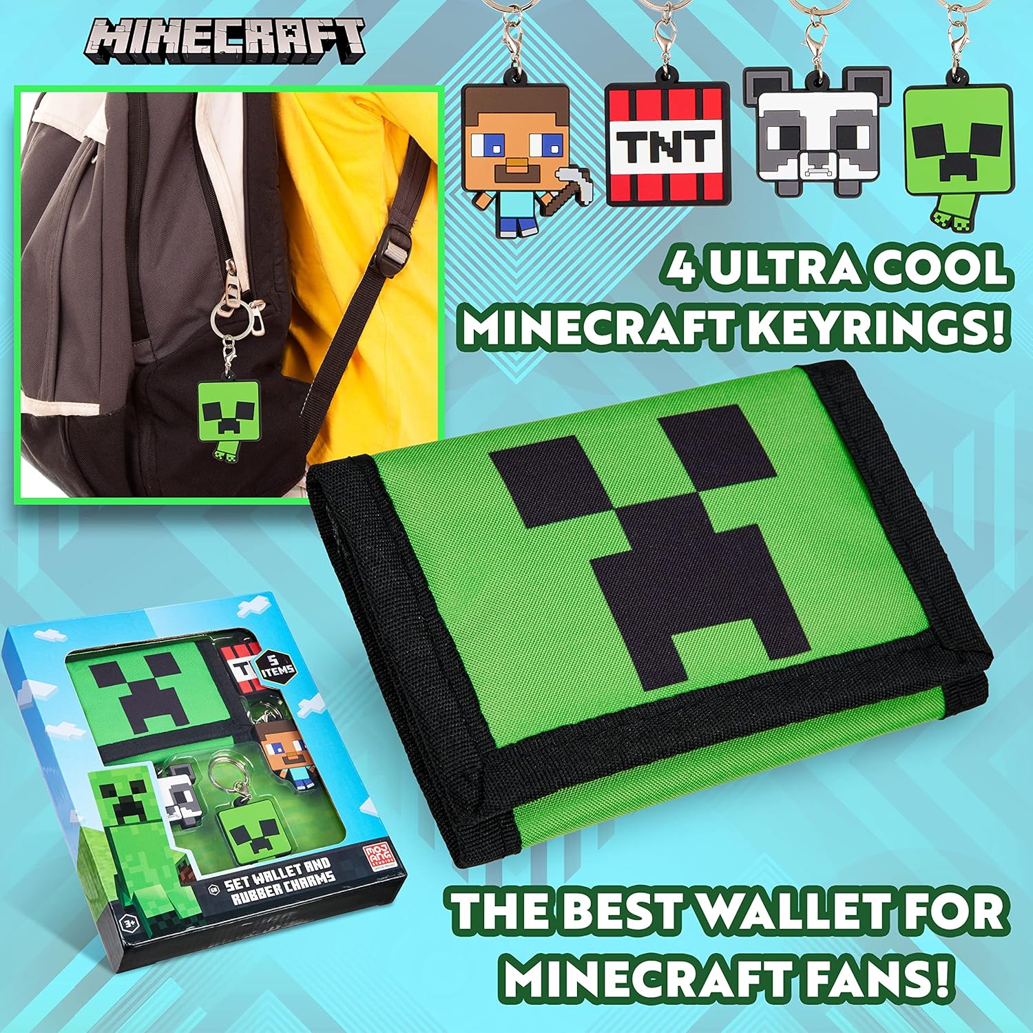 Portefeuille scratch Minecraft enfant avec 4 porte-clés Creeper Steve TNT – Image 6
