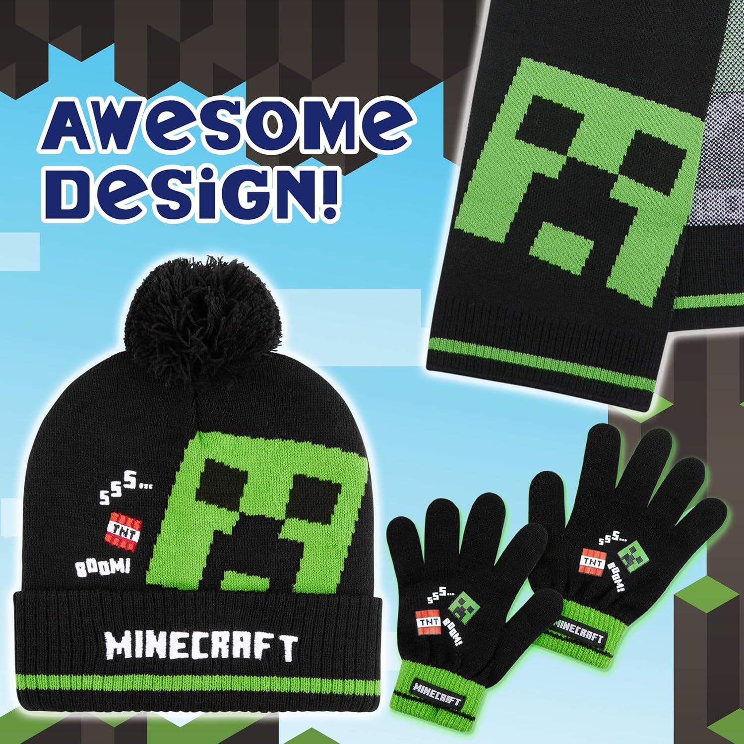 Ensemble hiver Minecraft enfant 3 pièces bonnet, écharpe et gants – Image 6