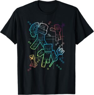 T-shirt Minecraft collage arc-en-ciel avec Alex, Steve et créatures