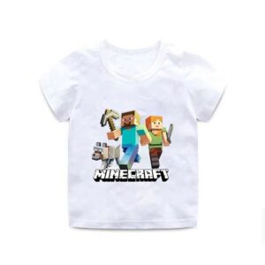 T-shirt enfant Minecraft avec Steve, Alex et chien