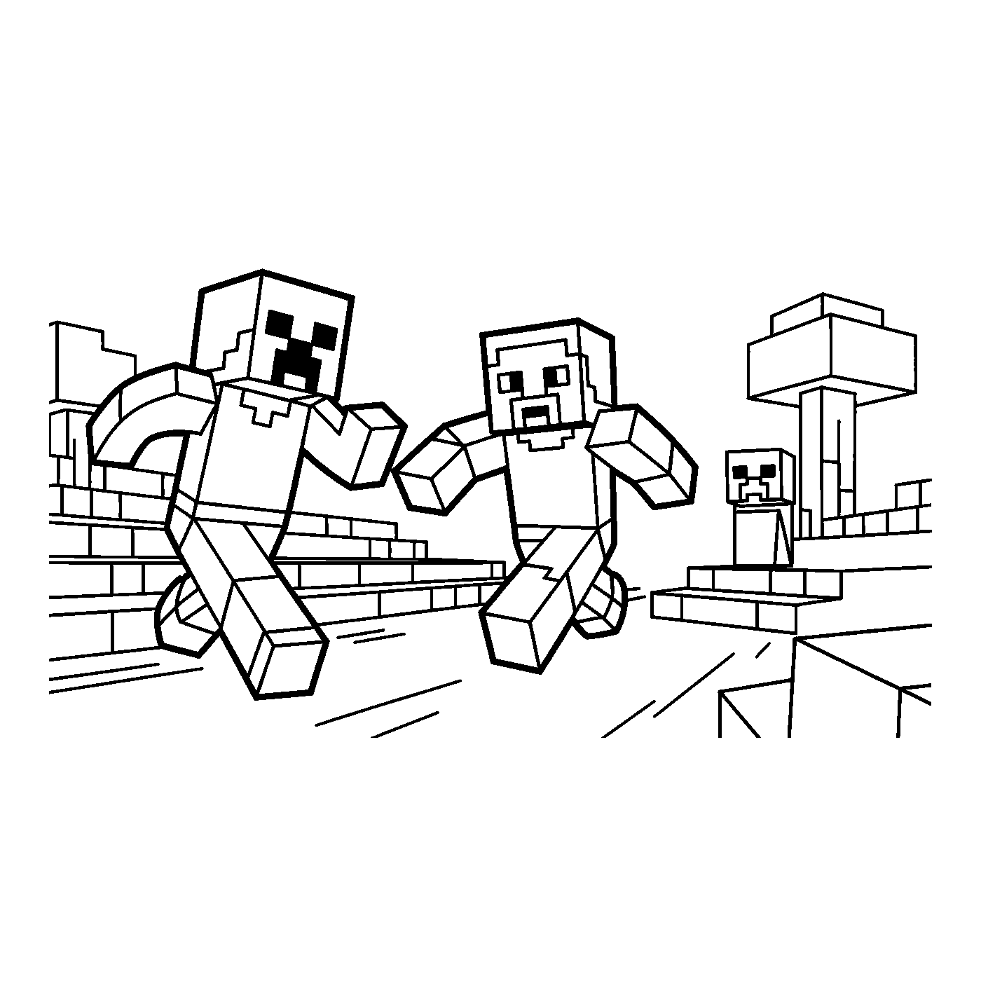 Coloriage Minecraft gratuit à imprimer : Deux personnages Minecraft courent en ville