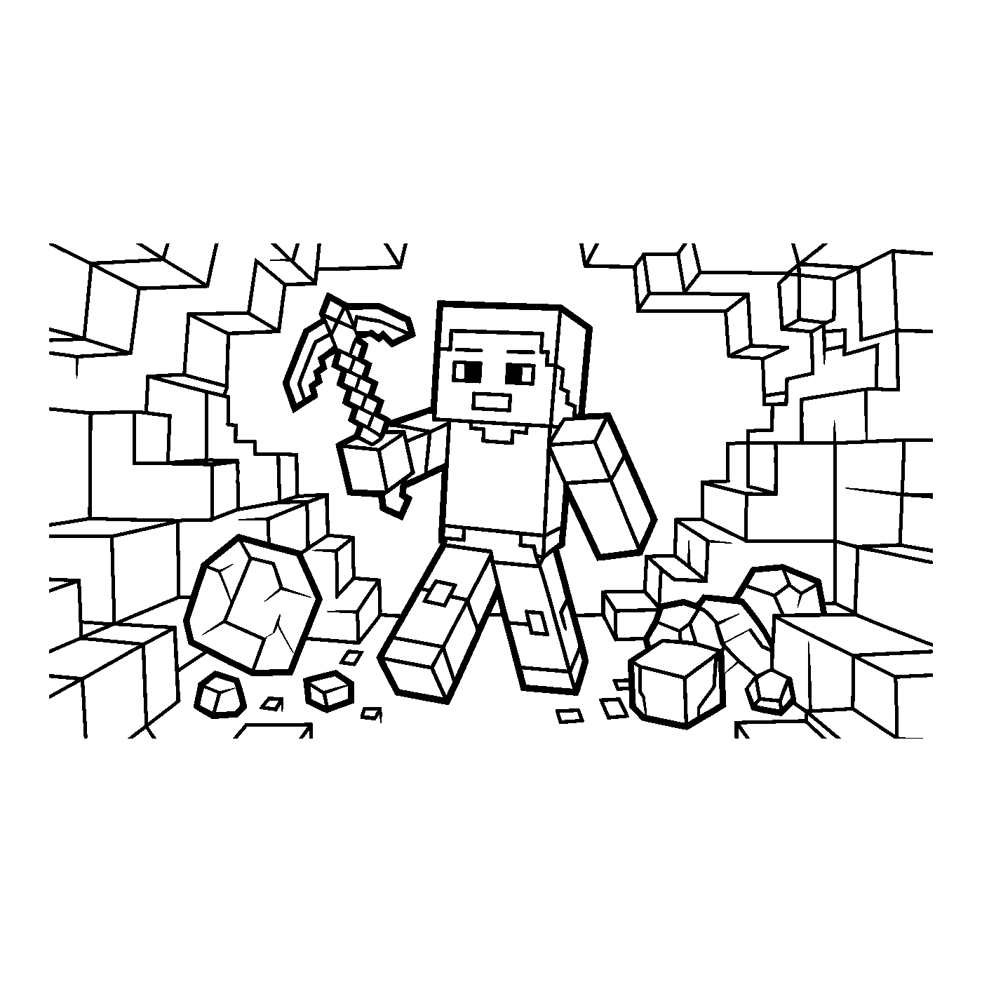 Coloriage Minecraft gratuit à imprimer : Personnage Minecraft casse un mur