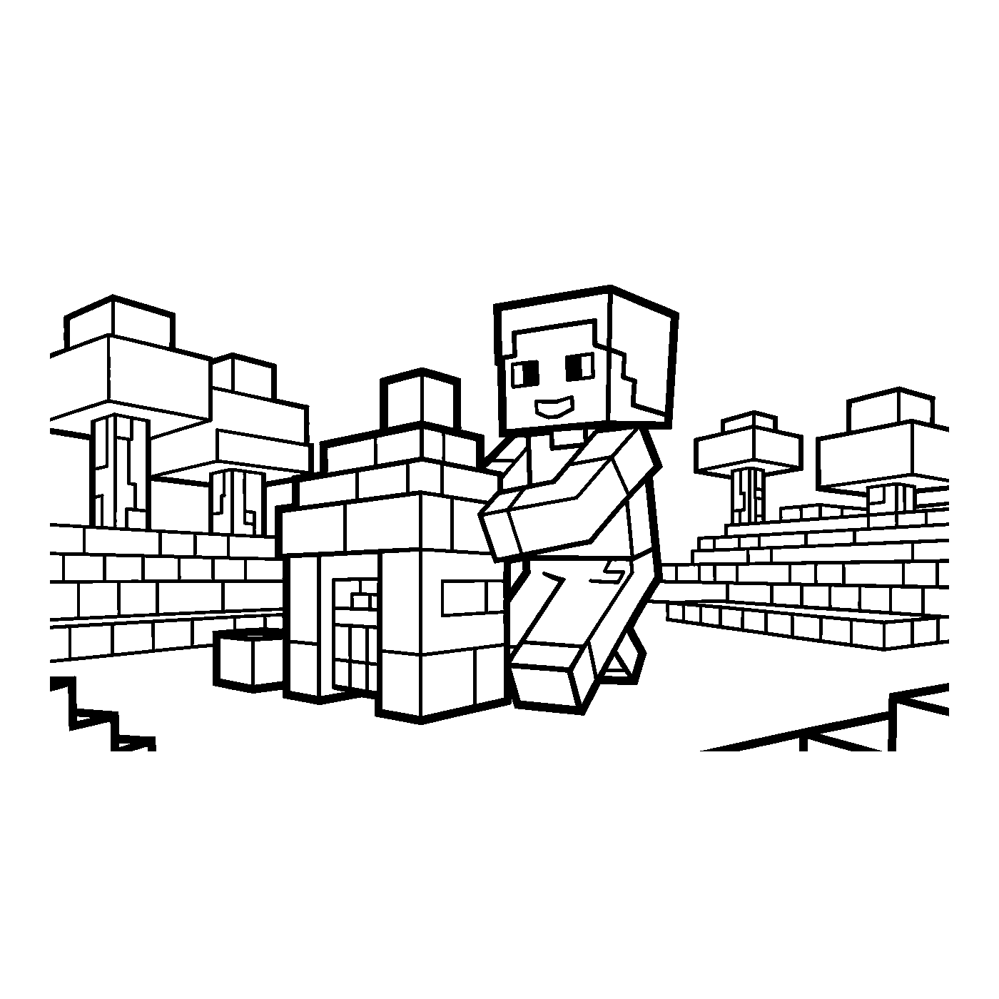 Coloriage Minecraft gratuit à imprimer : Personnage Minecraft empile des blocs